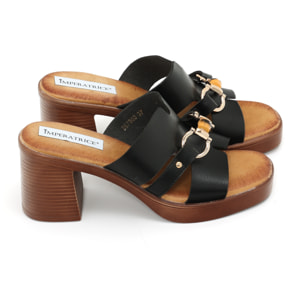 Sandali in simil pelle con tacco comodo quadrato ed applicazione color oro