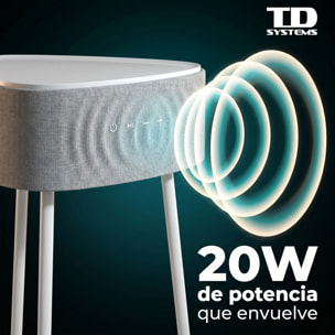 Mesa auxiliar altavoz portátil con sonido de 20W, Bluetooth, Base de carga inalámbrica, batería de 2500mAh. Mesilla o mesita para dormitorio o sala de estar - TD Systems SM20B11PB [Blanco]