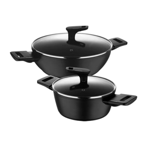 Juego de 2 Cacerolas Bajas Ø20cm (2,2L) + Ø28cm (4,2L) con tapas en Aluminio forjado color Negro Copper Bergner