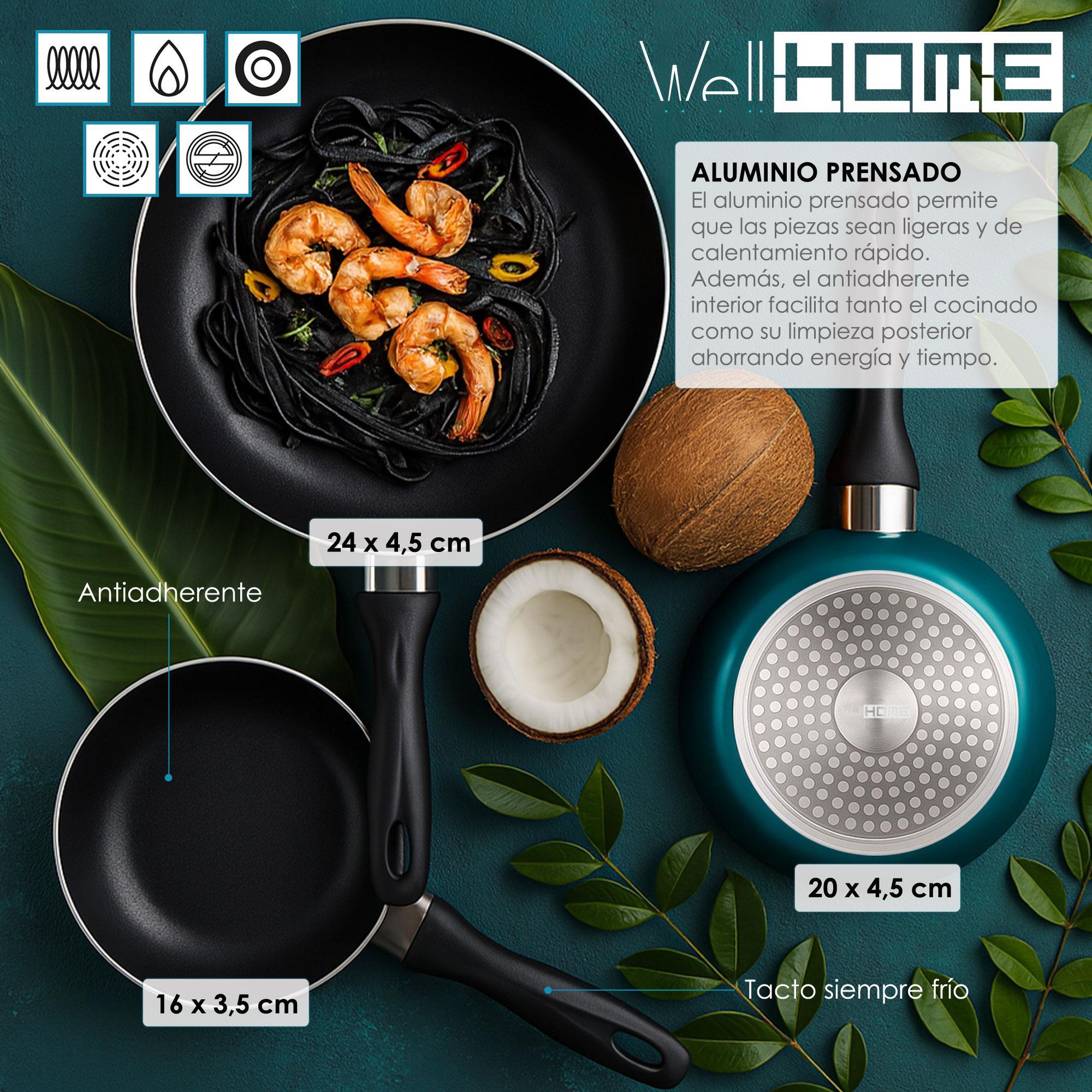 set de 3 sartenes ø16ø20ø24cm de aluminio prensado en azul metalizado + 6 utensilios de cocina en pbt color negro