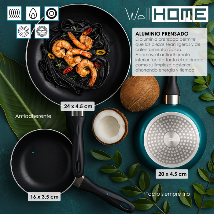 set de 3 sartenes ø16ø20ø24cm de aluminio prensado en azul metalizado + 6 utensilios de cocina en pbt color negro