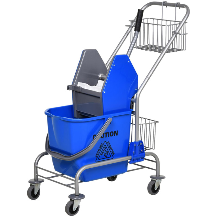 HOMCOM Chariot de lavage chariot de nettoyage professionnel en acier presse à mâchoire seau + rangements bleu