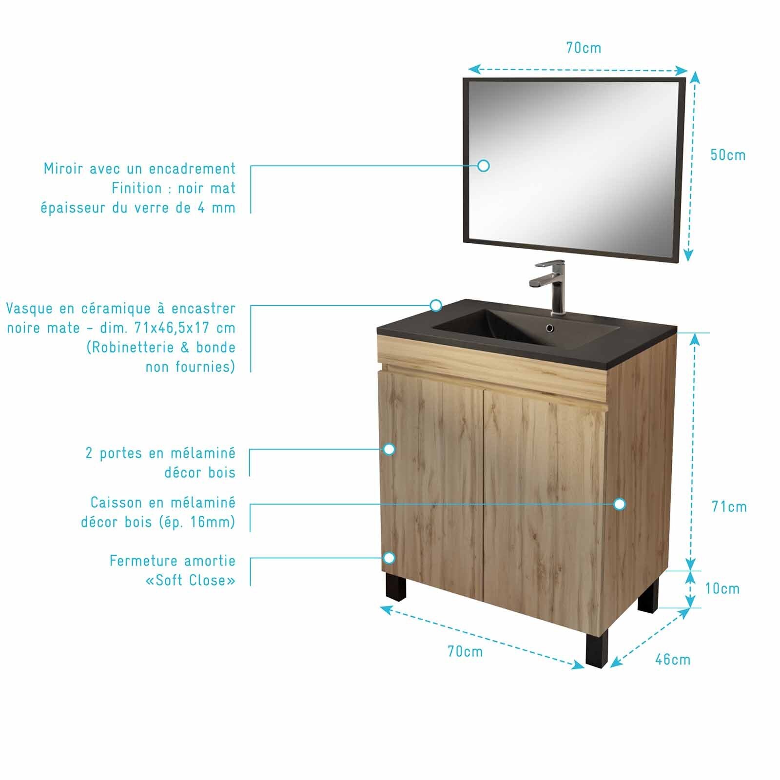 Meuble de salle de bains 70cm TIMBER Décor Chêne Naturel à Portes Vasque Noire et Miroir 70x50
