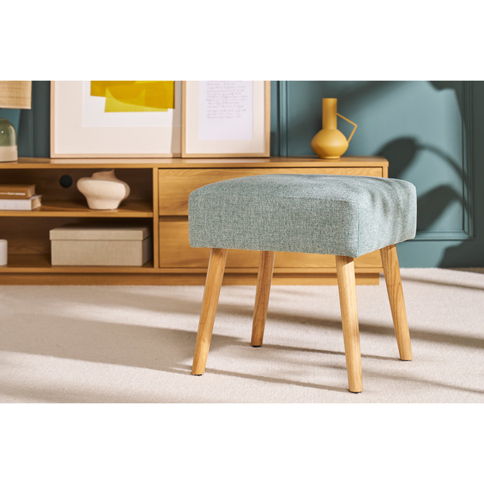 Tabouret bas en tissu effet velours texturé vert céladon et bois clair massif H46 cm GUESTA