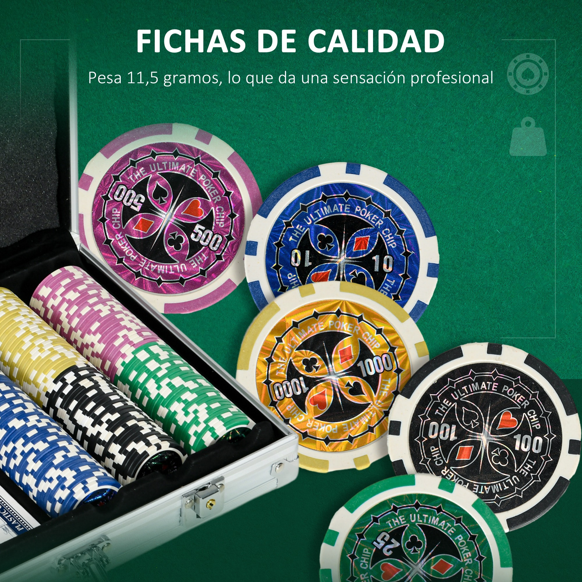 Juego de Póker Profesional, Maletín de Póker de Aluminio con 300 Fichas de 11,5 g, 2 Barajas de Cartas, 5 Dados, Tapete y Botón de Crupier, para 7-8 Jugadores con Cerradura, Plateado