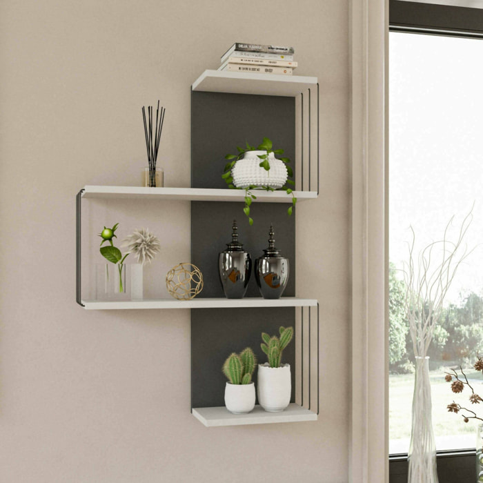 Mensola Batilda, Scaffale, Ripiano a muro, Scaffalatura multiuso, 64x19h96 cm, Bianco e Antracite