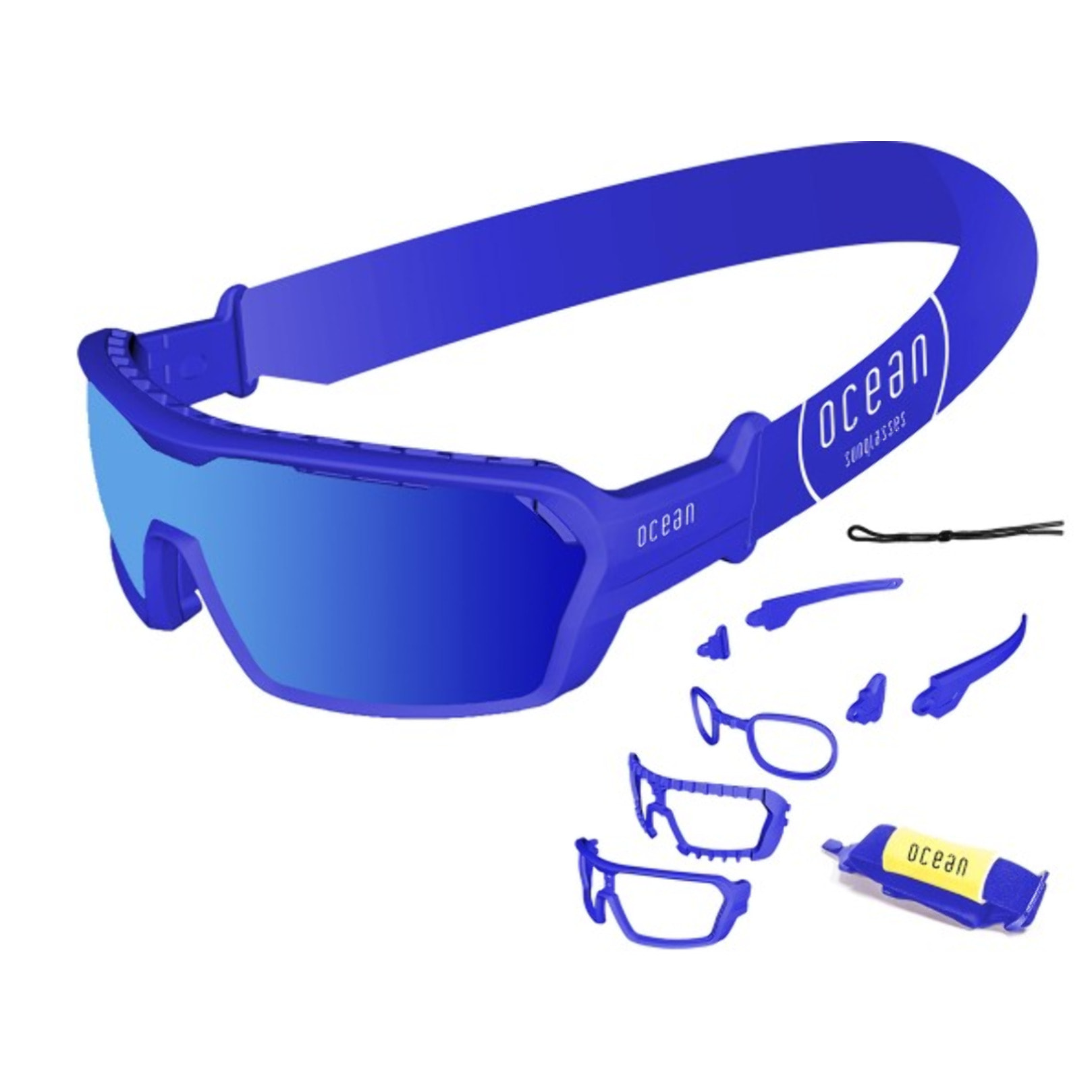 Gafas de deportes acuáticos OCEAN CHAMELEON - Azul mate / Revo azul con plaquetas puntas y espuma azules con correa azul