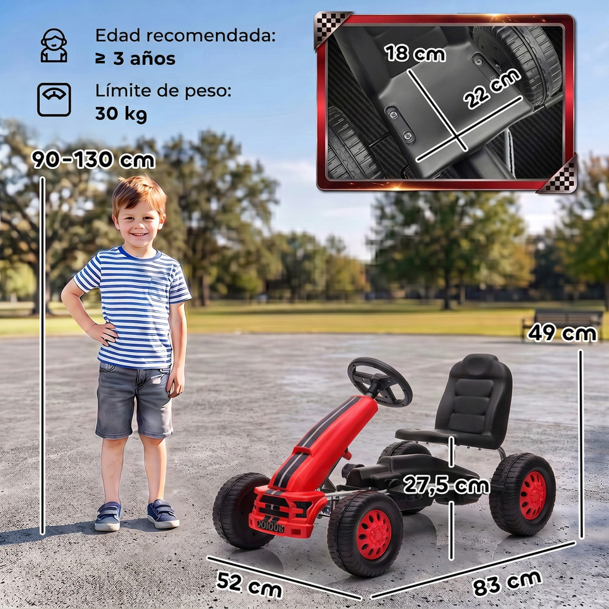 AIYAPLAY Kart Pedales para Niños de +3 Años, Go Kart con Asiento Ajustable, Volante, Freno Manual, Marco de Aluminio y Acero, Carga 30 kg, Rojo
