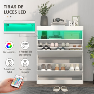 Mueble Zapatero de Recibidor Armario Zapatero Independiente o Pared con Luces LED Estante Abierto y 2 Cajones Abatibles para 12-16 Pares de Zapatos 80x24x99,5 cm Blanco Brillante