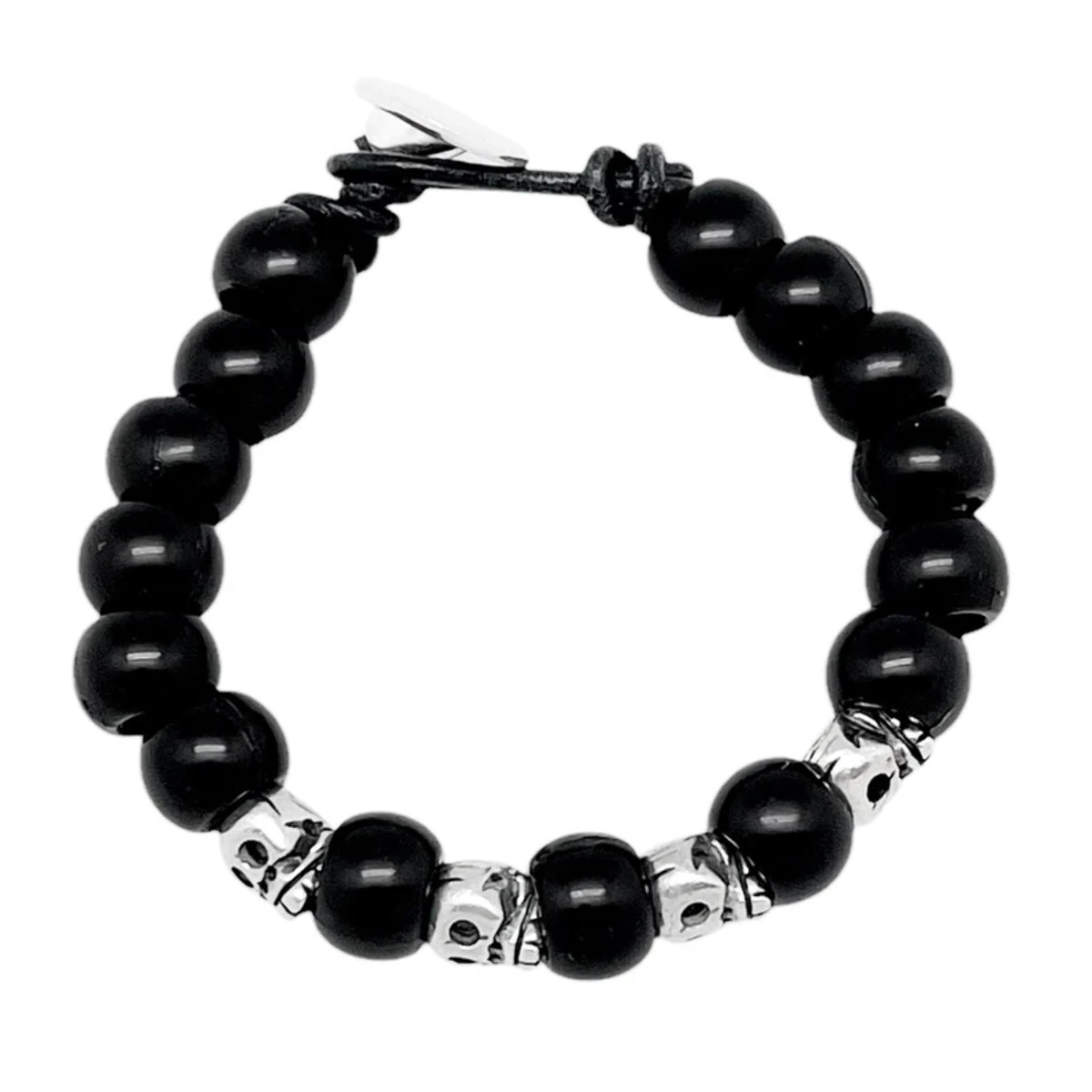 Pulsera Skull negra y cuero plata chapado