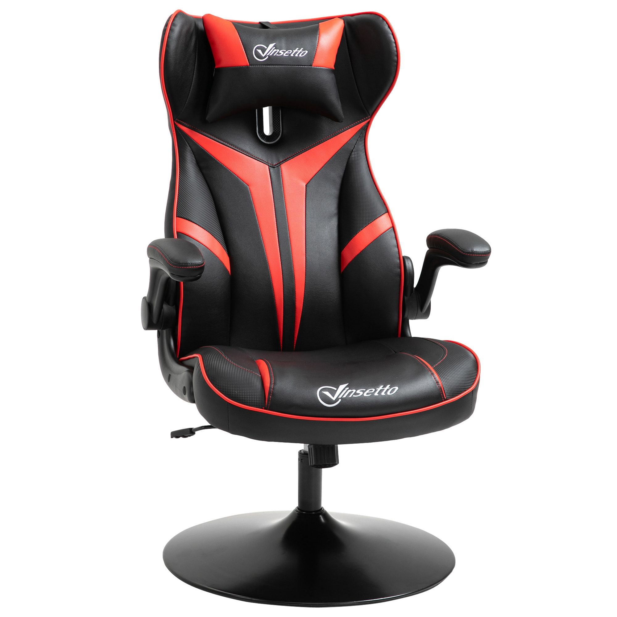 Fauteuil gaming base ronde métal pivotante 360° hauteur réglable tétière accoudoirs relevables PVC rouge noir