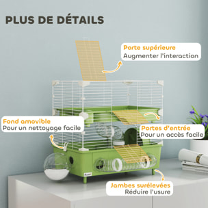 Cage pour hamster 2 niveaux roue sphère bac à sable tuyaux biberon eau dim. 44,5 x 28 x 44 cm blanc vert