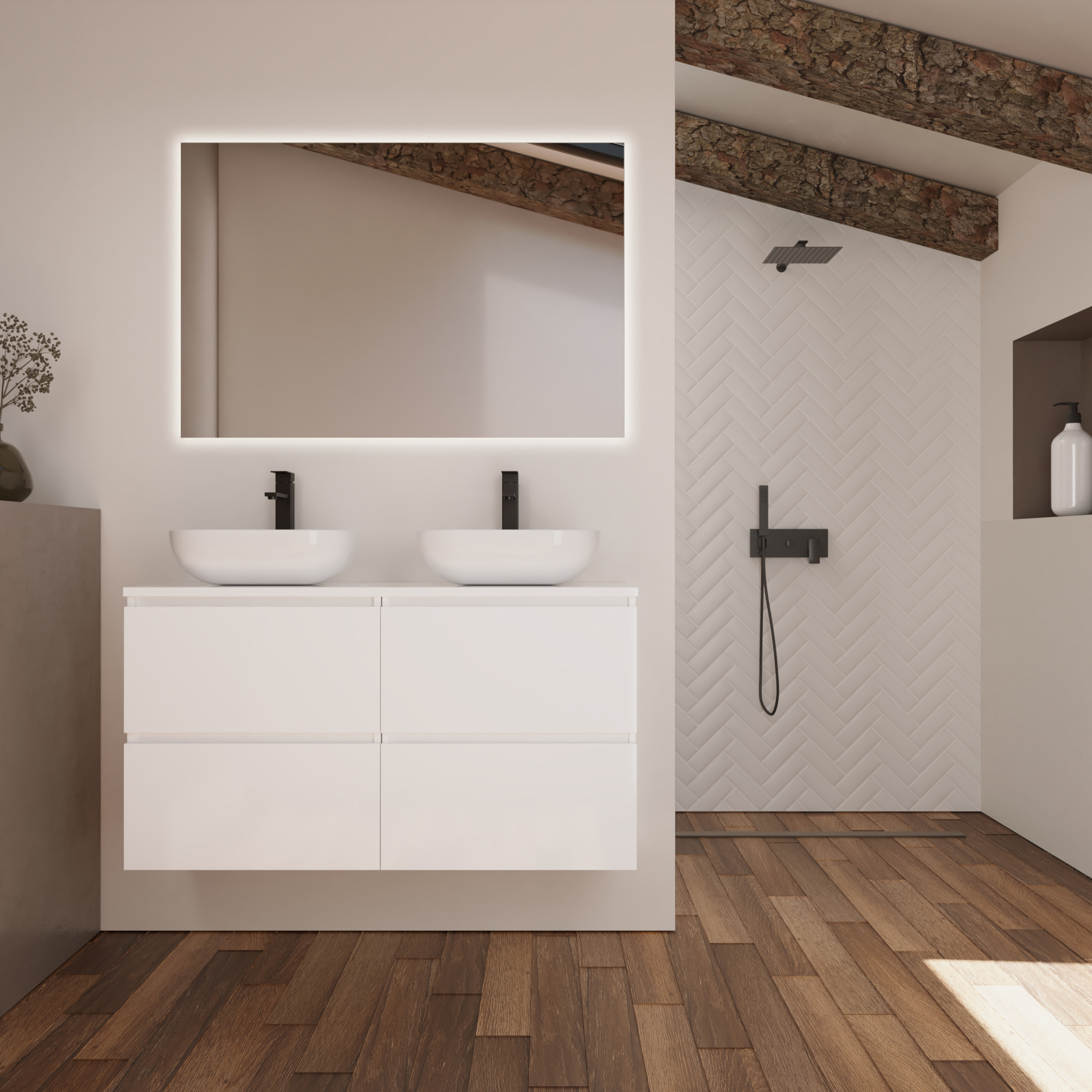 Conjunto de Baño Kaji | Mueble de Baño Suspendido | 120 cm Blanco| Cuatro Cajones | Lavabo Ovalado sobre Encimera | No incluye Espejo | Alday