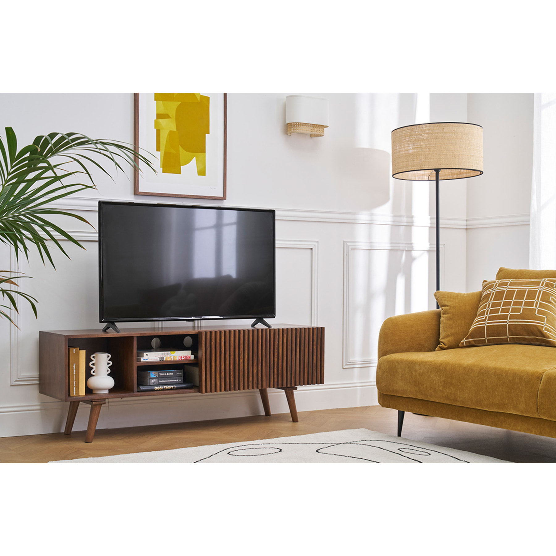 Meuble TV en manguier massif teinté bois foncé avec portes coulissantes L140 cm ALBA