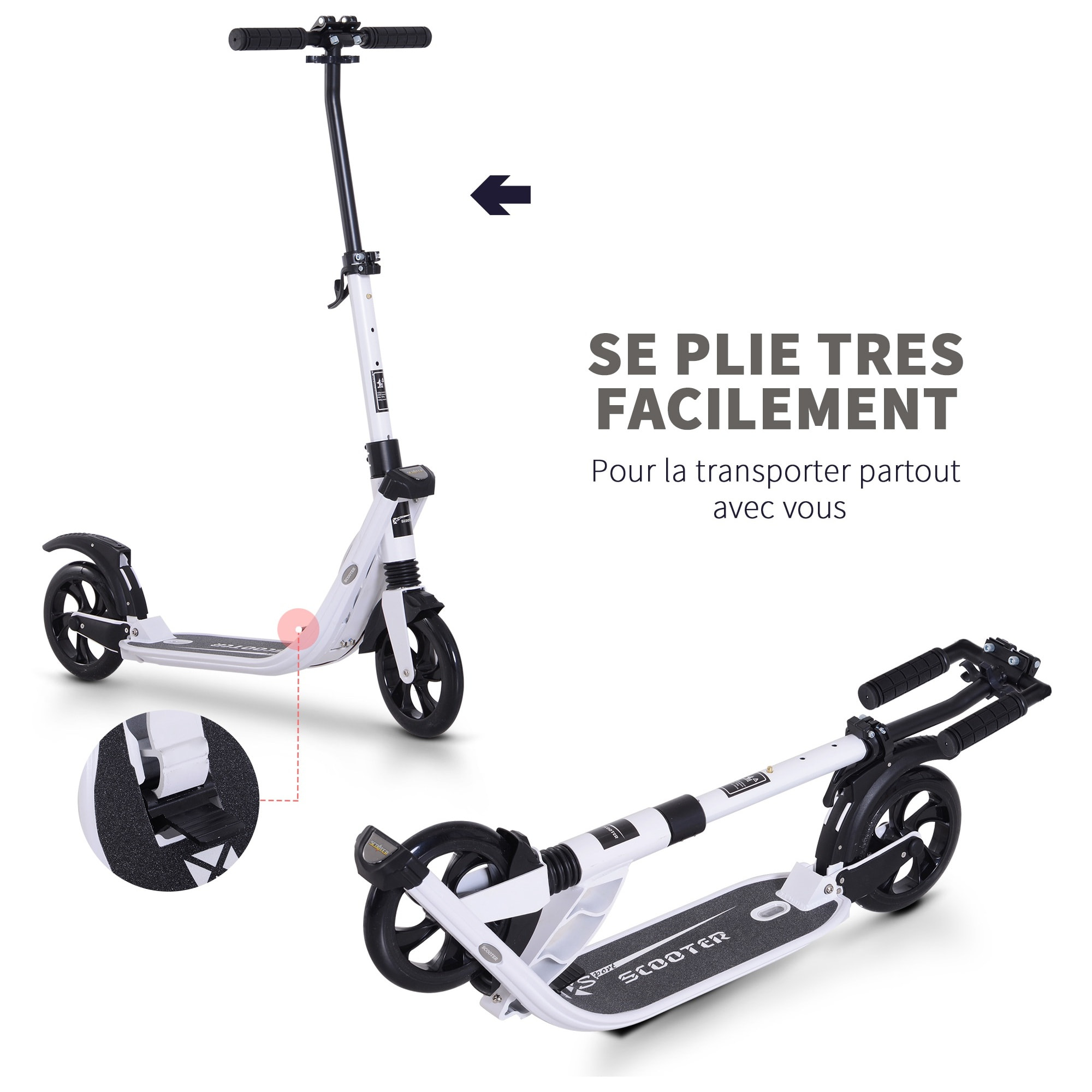 Trottinette pliable pour adulte enfant à partir 14 ans dim. 94L x 38l x 95-105H cm hauteur guidon réglable suspensions AV AR roues PU alu blanc