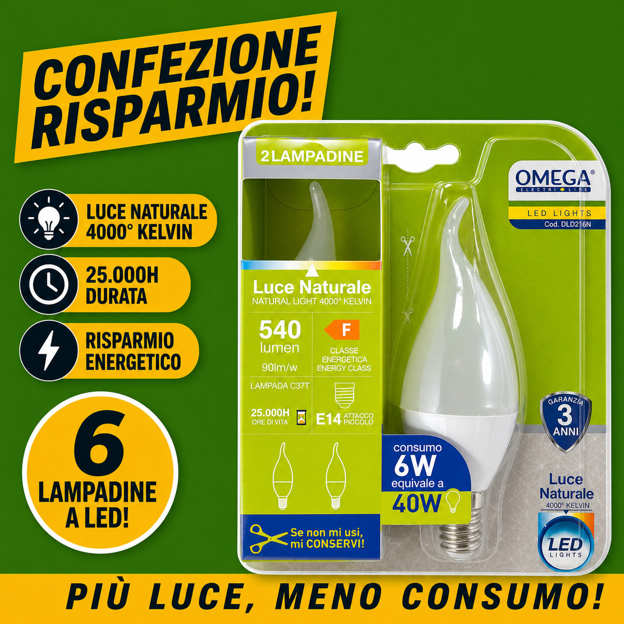 OMEGA Set 6 Lampadine LED Soffio di Vento 6W E14 4000K