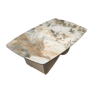 Mesa centro ovalada barril con tapa de mármol porcelánico en tonalidades tierra y grises en acabado mate y unas patas de acero inoxidable en taupé acabado metalizado 120x70x43cm