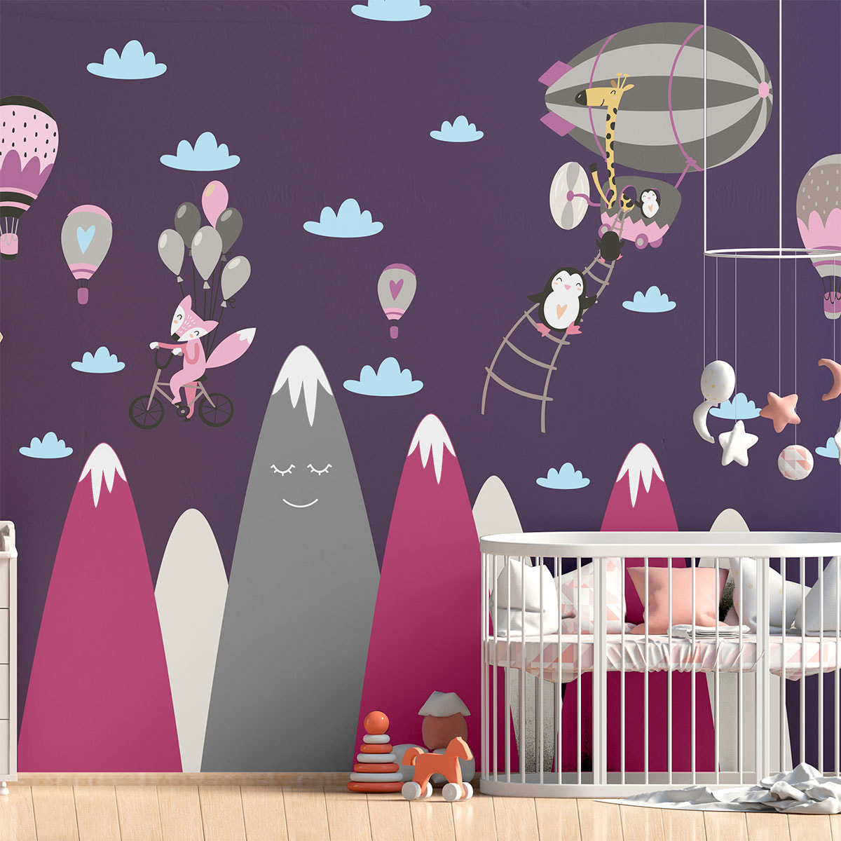 Stickers muraux enfants - Décoration chambre bébé - Autocollant Sticker mural géant enfant montagnes scandinaves ANIMAUX HEUREUX