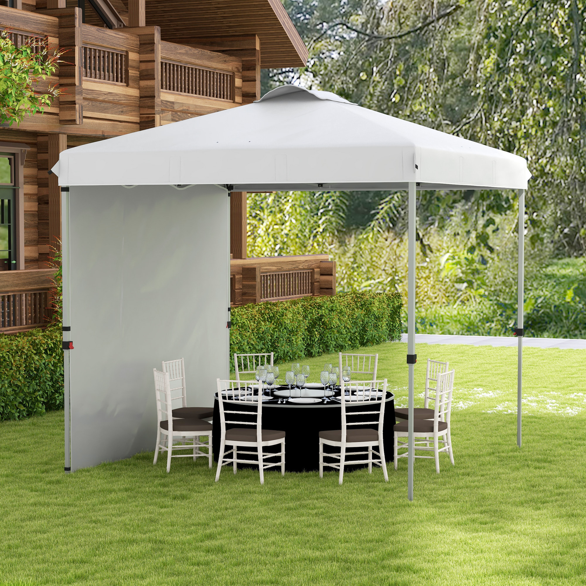 Carpa Plegable 2,5x2,5 m Cenador de Jardín con 1 Pared Lateral Altura Ajustable en 3 Niveles Anti-UV Impermeable y Bolsa de Arena Gazebo para Exterior Camping Fiestas Blanco