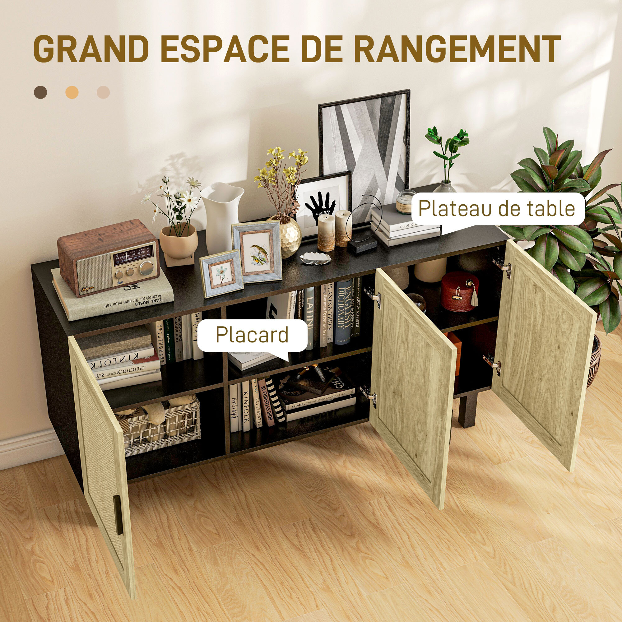 Buffet 3 portes style bohème chic cannage en rotin panneaux aspect bois clair noir