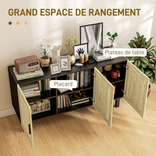 Buffet 3 portes style bohème chic cannage en rotin panneaux aspect bois clair noir