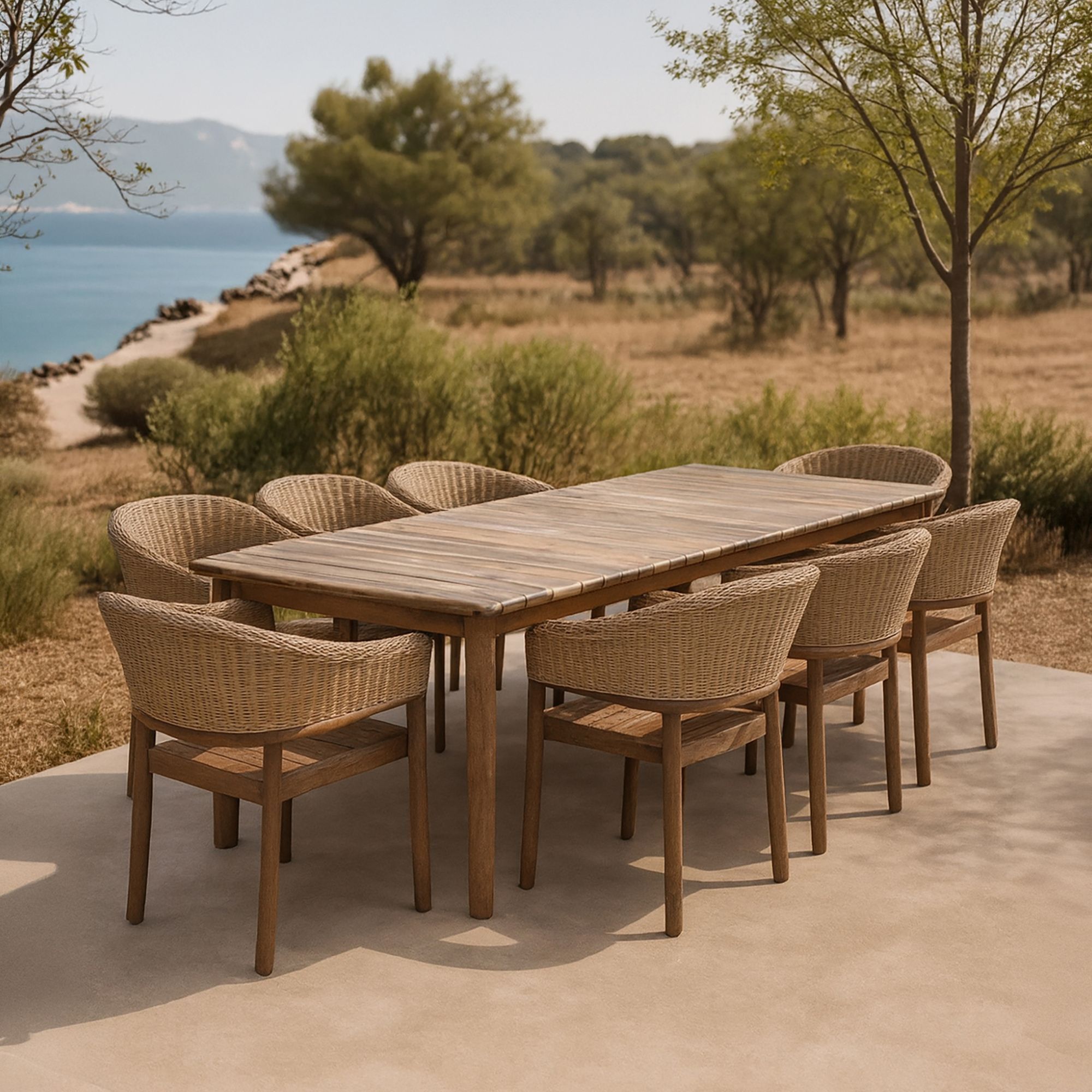 Ensemble table et 8 fauteuils de jardin en bois d'acacia brun et osier ALHAMBRA