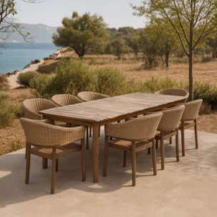 Ensemble table et 8 fauteuils de jardin en bois d'acacia brun et osier ALHAMBRA