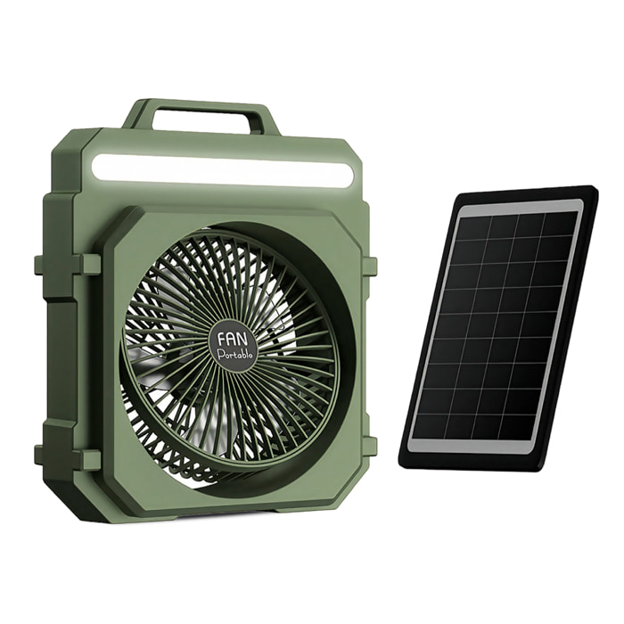 Ventilador para exteriores F33. 5 velocidades y 3 niveles de luz LED. Con batería de larga duración, función powerbank y panel solar incluido.