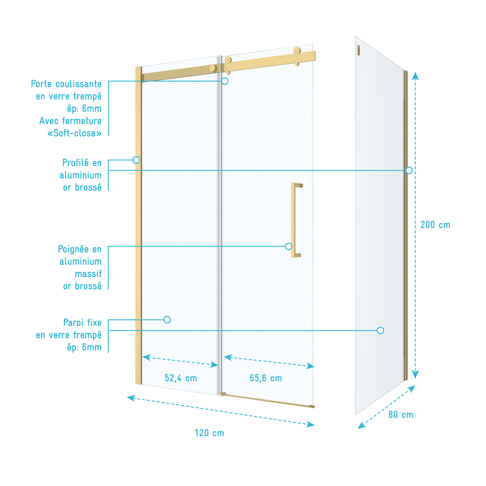 Pack Porte de Douche Coulissante 120x200cm et Retour 80cm - Or Doré Brossé et Verre trempé 6mm