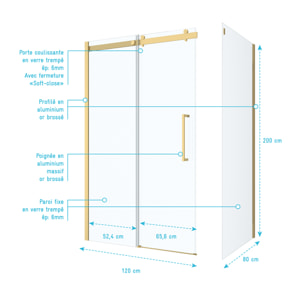 Pack Porte de Douche Coulissante 120x200cm et Retour 80cm - Or Doré Brossé et Verre trempé 6mm
