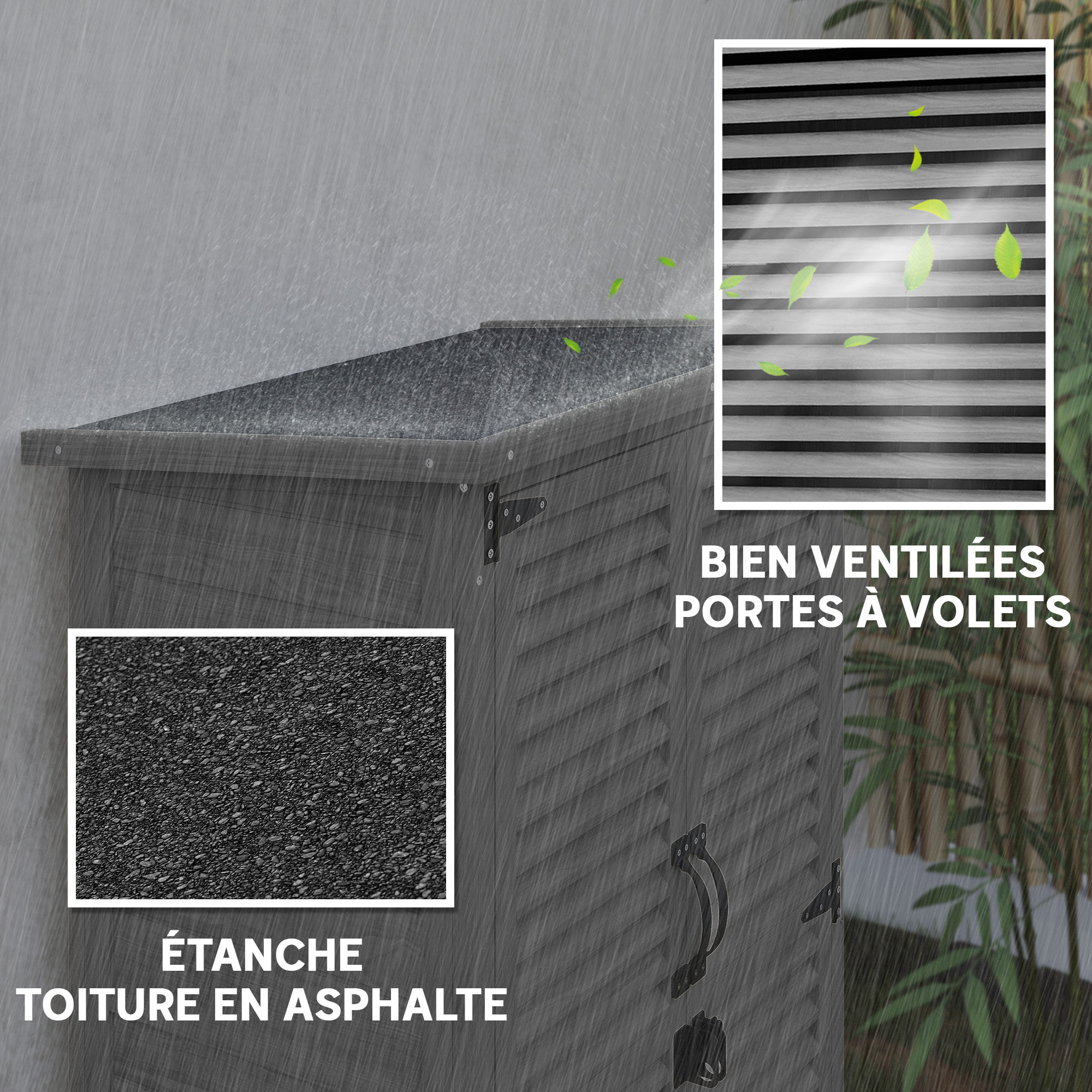 Armoire de jardin  2 portes persiennes 2 étagères toit bitumé bois gris