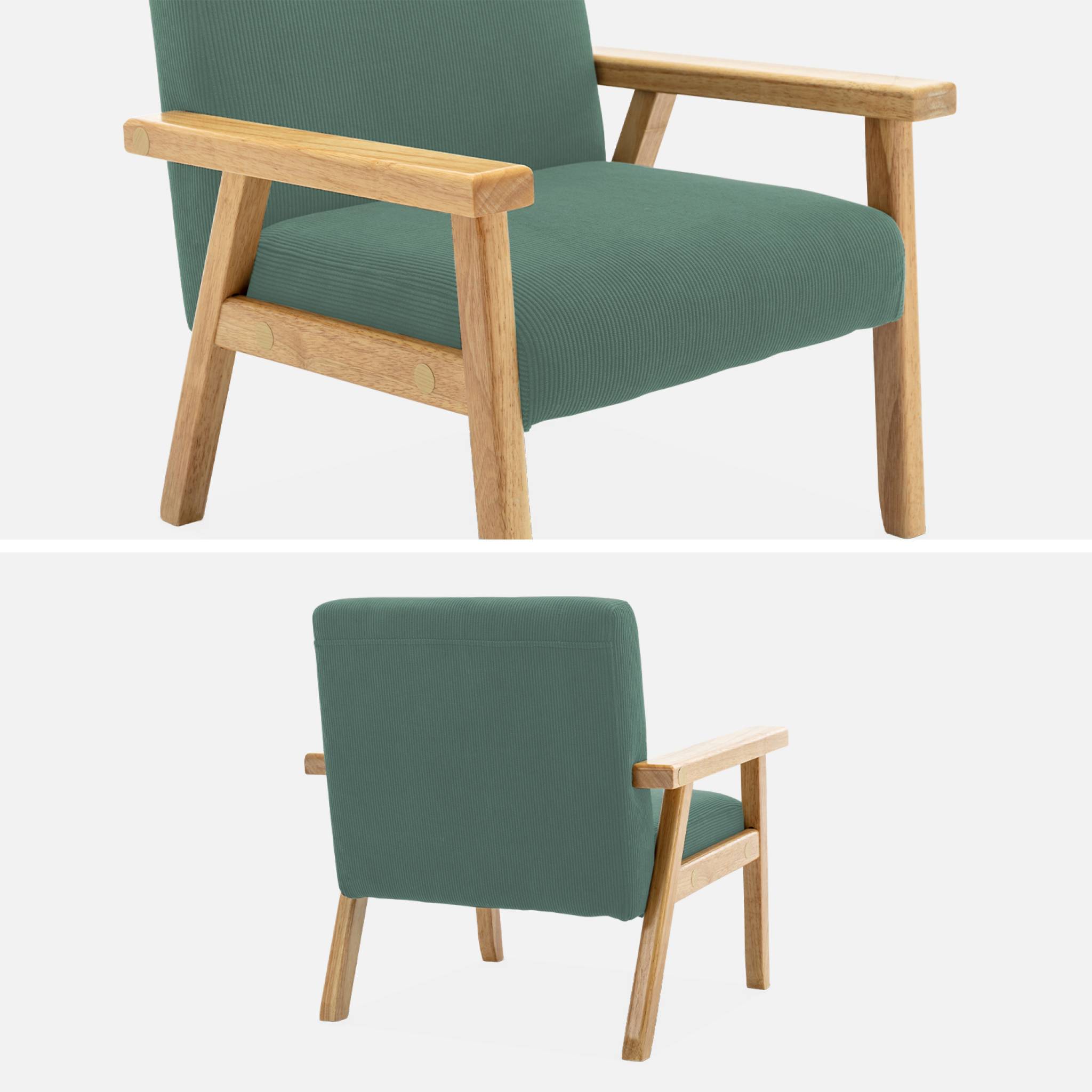 Fauteuil enfant en bois et velours côtelé kaki. ISAK L 47 x P 43.5 x H 50cm