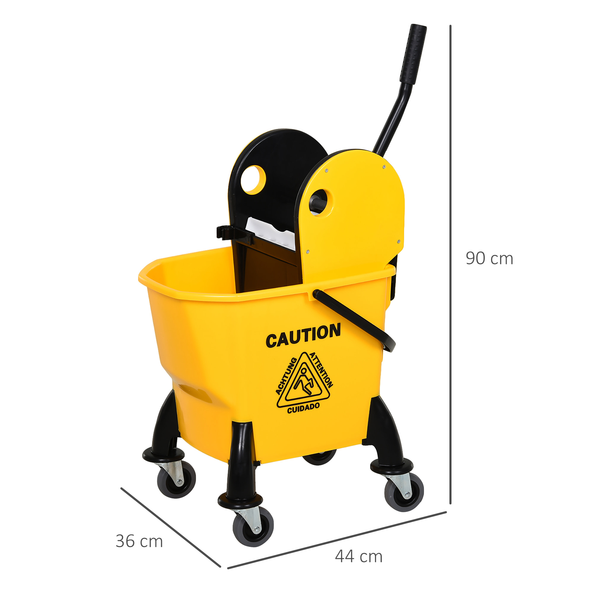 Chariot de nettoyage lavage seau de ménage 26L avec essoreur - 4 roulettes, poignées - métal PP jaune noir