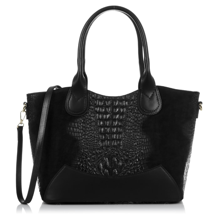 FIRENZE ARTEGIANI Borsa tote Adelfia da donna. Ruga in Coccodrillo Incisa in Vera Pelle Scamosciata Made in Italy 36x17x27 Cm. Colore nero