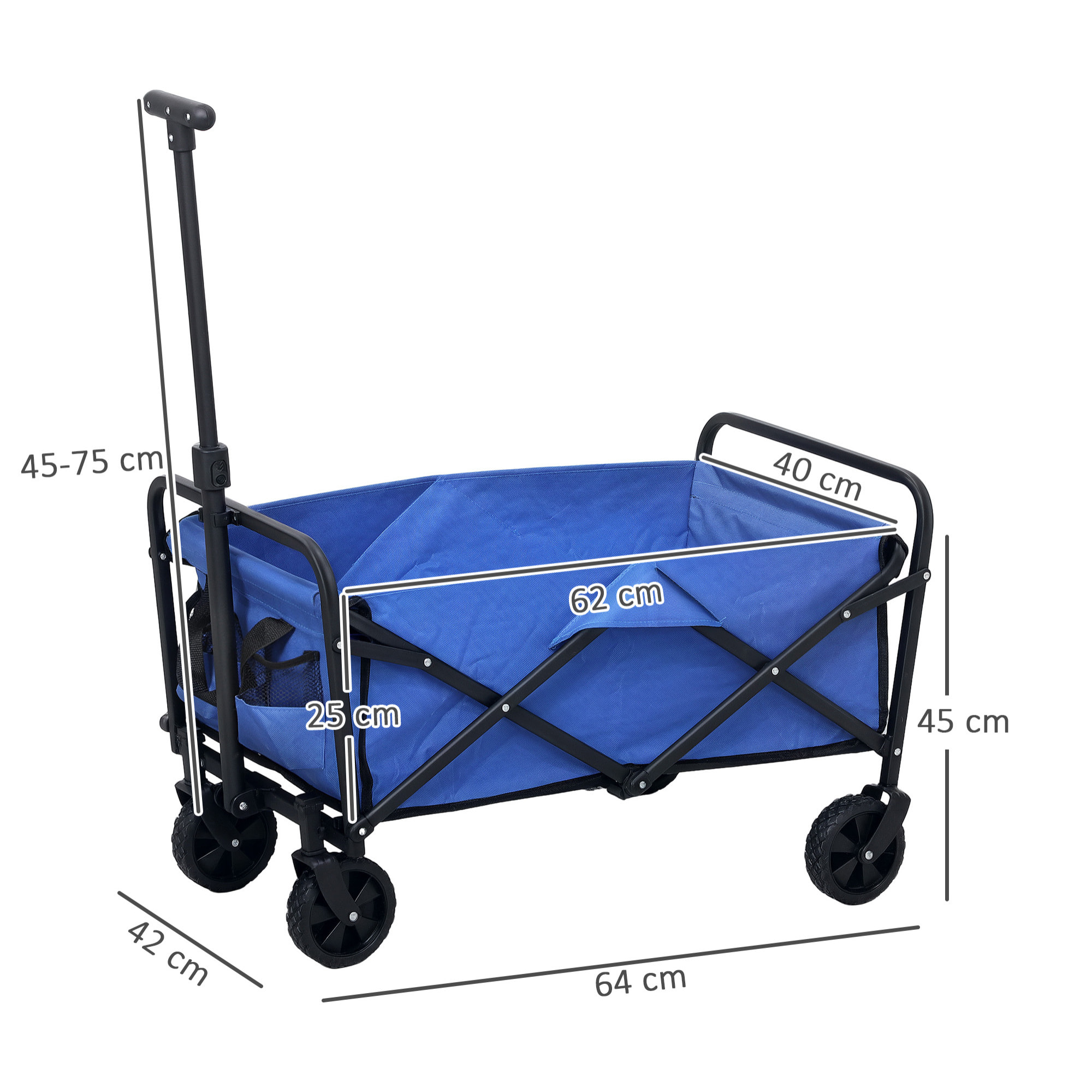 Carro Playa con Ruedas Carro de Jardín Plegable con Asa Telescópica Ajustable 2 Bolsas de Almacenaje Carga 120 kg Carrito Transporte para Todo Terreno Jardín Campaña Compra Azul