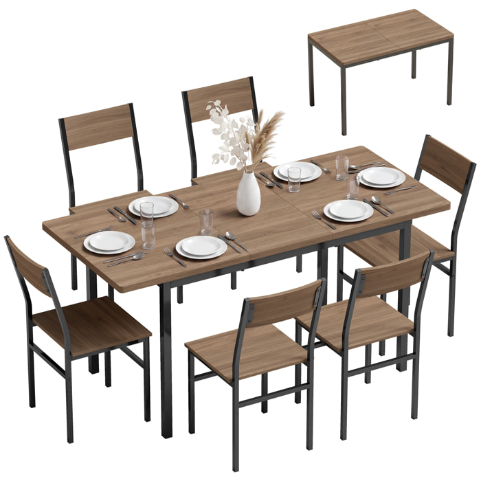 HOMCOM Conjunto de Mesa y 6 Sillas de Comedor de 7 Piezas, Mesa de Cocina Extensible 120-160 cm con 6 Sillas Apilables, Ahorro de Espacio, para 4-6 Personas, Marco Metálico, Marrón Efecto Madera