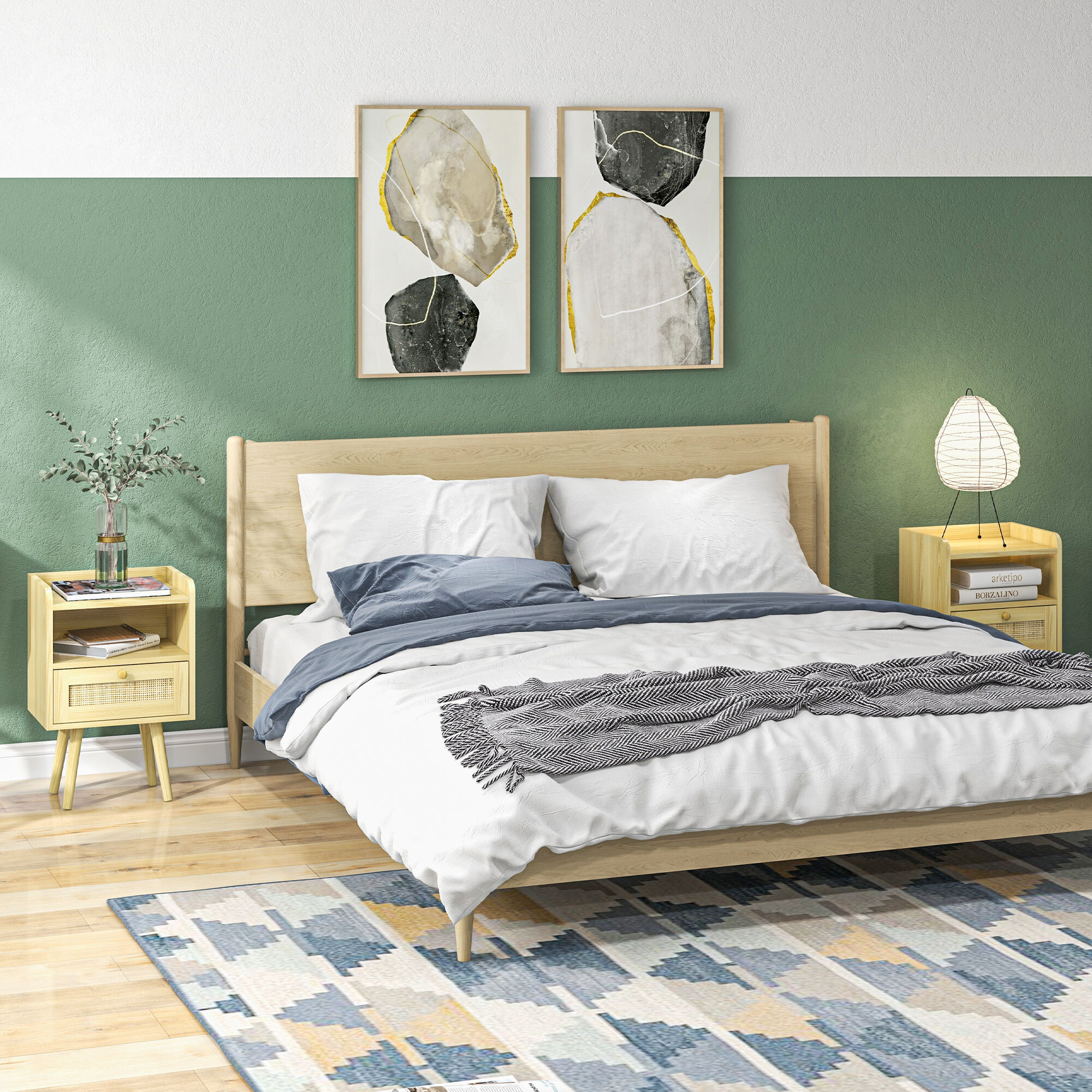 Lot de 2 chevets tables de nuit style bohème cannage - tiroir, niche - bois de pin effet bois clair
