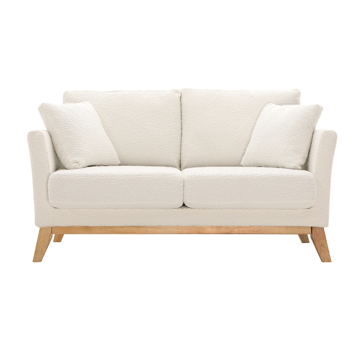 Canapé scandinave déhoussable 2 places en tissu effet laine bouclée blanc cassé et bois clair OSLO