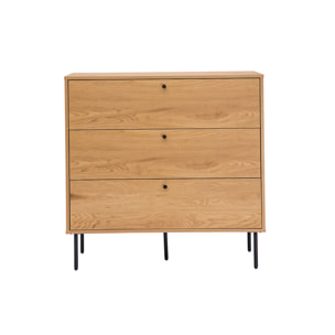 Commode finition bois clair chêne et pieds métal noir 3 tiroirs L100 cm PERNELLE