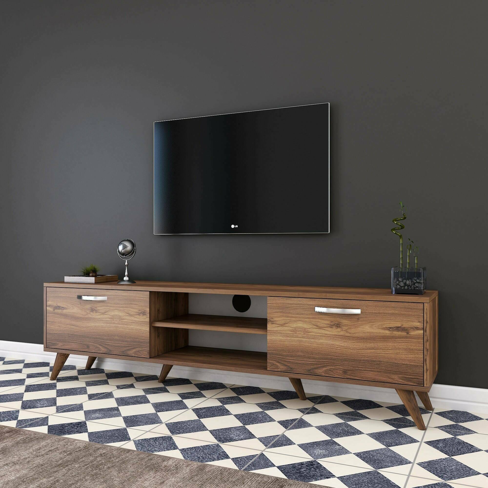 Mobile porta TV Avir, Credenza da soggiorno, Armadio basso per TV, Base parete attrezzata, 180x35h49 cm, Noce