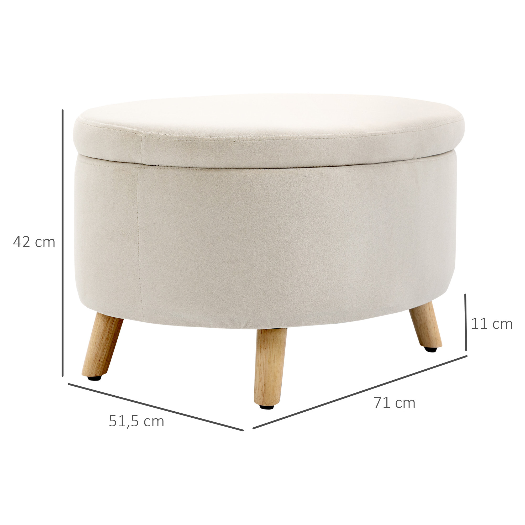 HOMCOM Otomano Puff Tapizado en Terciopelo Acolchado Taburete de Almacenaje Elíptico con Tapa Extraíble y Patas de Madera para Dormitorio Salón Pasillo 71x51,5x42 cm Beige