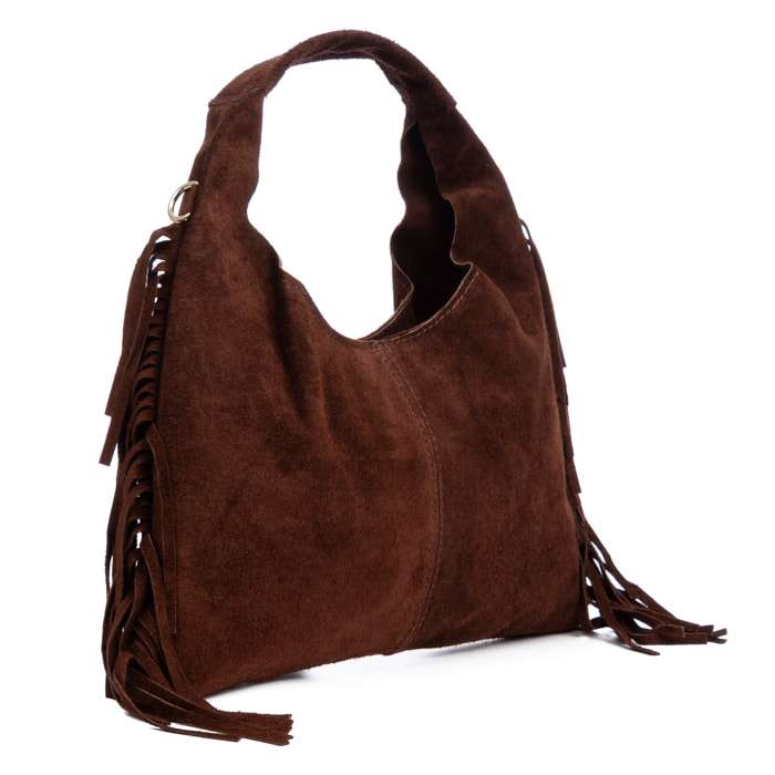 Barisciano borsa a spalla da donna. Pelle scamosciata autentica, con frange.