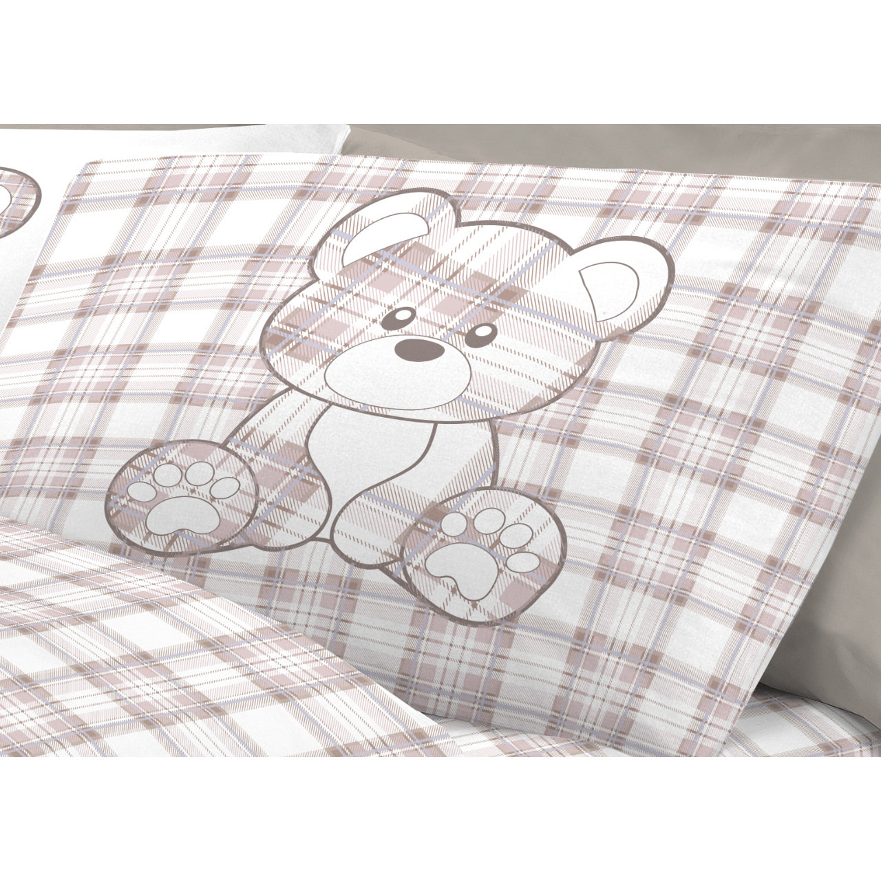 Completo Lenzuola In 100% Cotone Orsetto Tartan Primavera