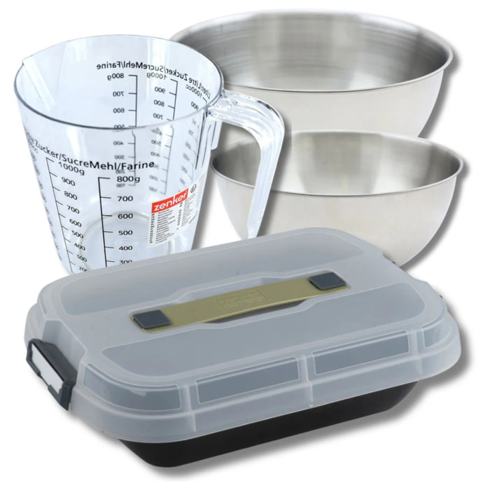Set pâtisserie moule à gâteaux 34 x 24 cm avec couvercle, 2 bols à mixer, verre mesureur et spatule Zenker