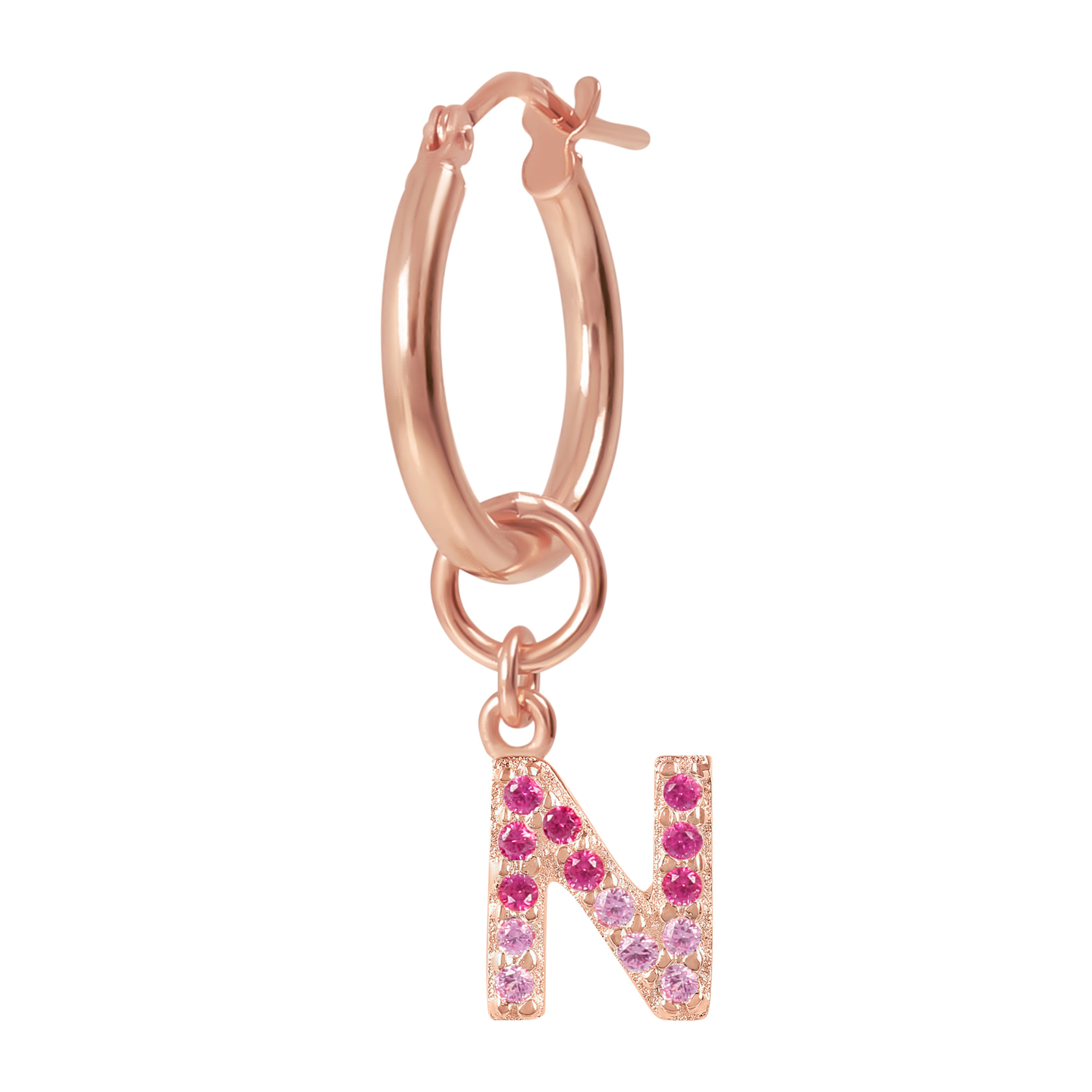 Orecchino a Cerchio con Ciondolo Lettera N in Pavé di Cubic Zirconia Rosa