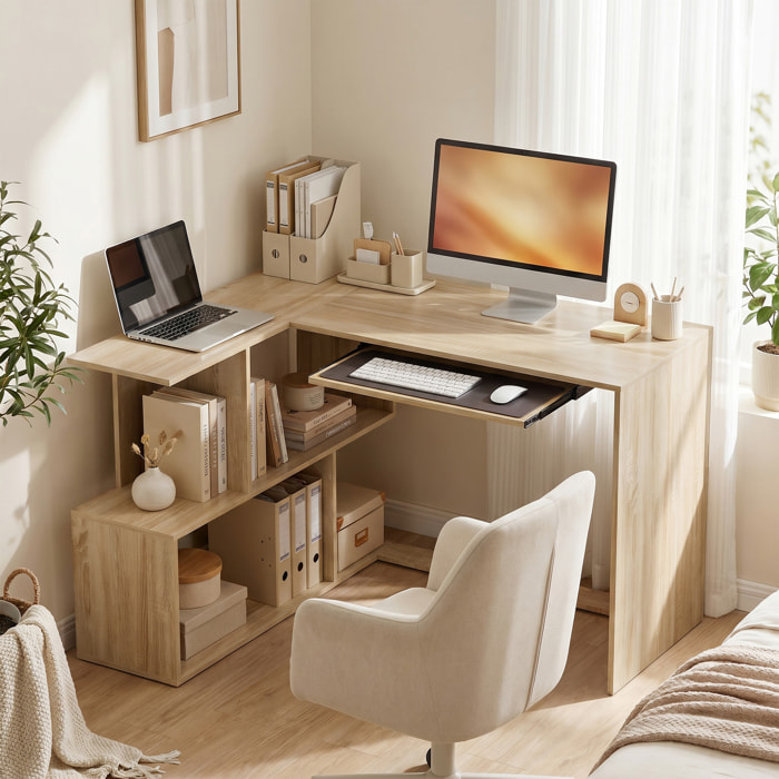 Bureau informatique - bureau d'angle 120 x 100 cm - tablette coulissante clavier, 4 niches - effet bois clair