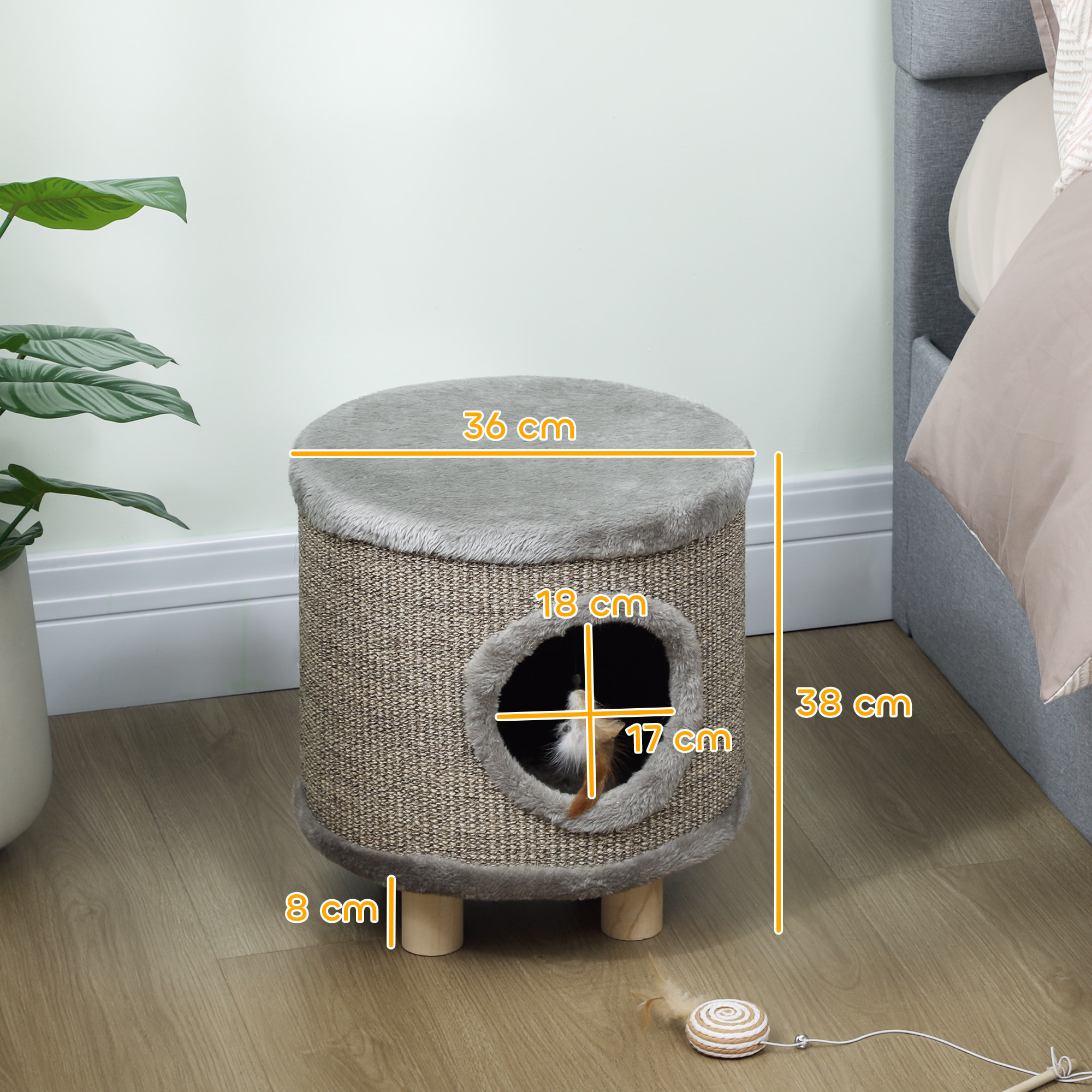 Casa para Gatos 3 en 1 Taburete, Reposapiés, Cama para Gatos con Rascador, Patas de Madera y Pluma Colgante, Cueva para Interior, 36x36x38 cm, Gris