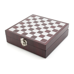 Scacchi, set da vino degli scacchi con pezzi inclusi. Chiusura di sicurezza, accessori in acciaio inox e legno.