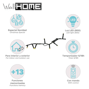 guirnalda con 800 luces led blancas cálidas y control remoto con 13 funciones y temporizador