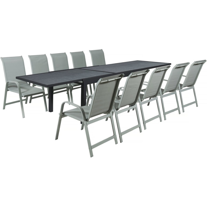 Salon de jardin repas "Lagos" - 200/320 x 105 x 76 cm - 10 chaises - Gris clair